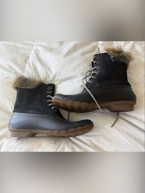 Sperry Black and Brown Faux-Fur Lace-Up Duck Boots